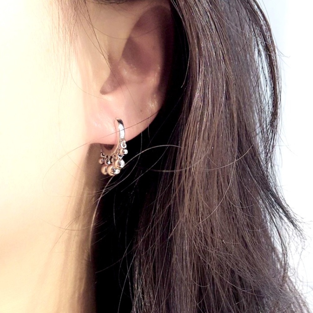 💫 Sterling Silver 925 Beads Huggie Hoop Earrings - Picture 4 of 5